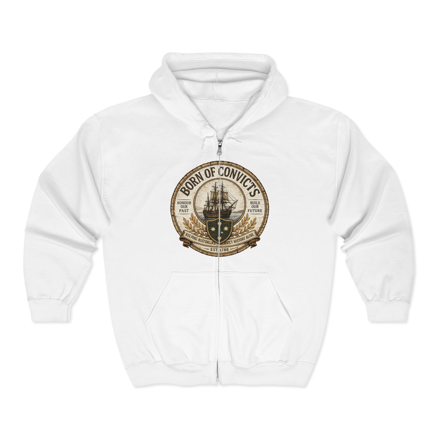 Born of Convicts Zip Hoodie — Australian Heritage Ship Emblem